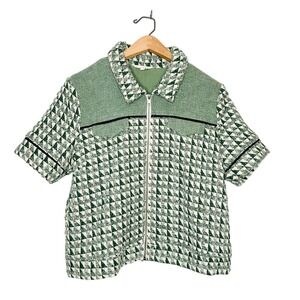 Mystree Womens Plaid Tweed Zip Front Short Sleeve Jacket Top Green Medium M